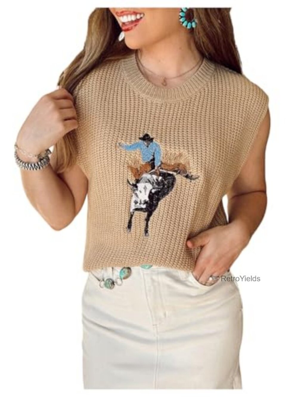 Western Cowboy Embroidered Ribbed Knit Sweater Vest Crew Neck Sleeveless